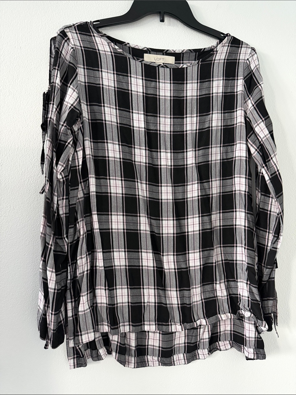 LOFT Black and White Plaid Button-Tab Sleeve Blouse Bow Tied Sleeves